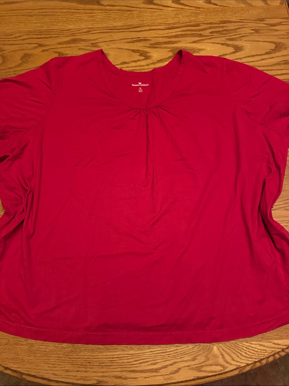 Woman Red Scoop Neck Short Sleeve Top gathers center plus size 5x